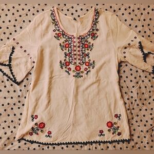 Embroidered Cream Women's Tunic Top with Floral Accents